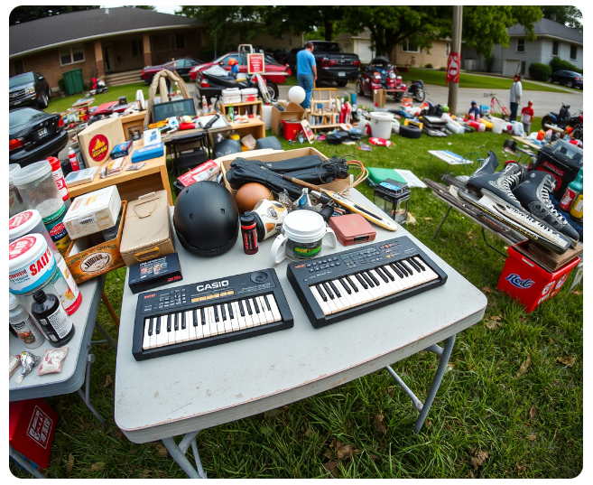 An AI generated image of two Casio-like keyboards on a table at a garage sale