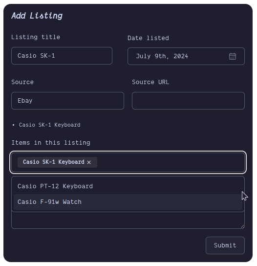 Screenshot of the Add Listing modal